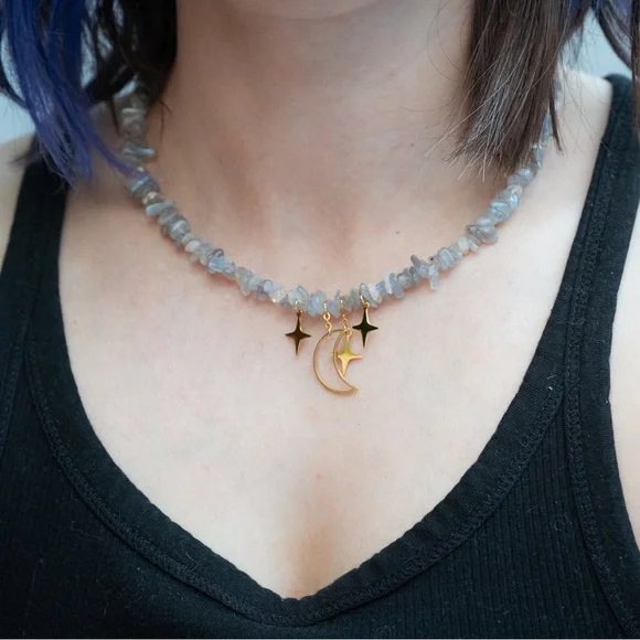 Starry Night natural gemstone lapis lazuli moonstone beads statement necklace - Picture 10 of 10